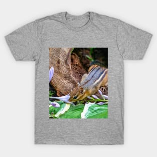 Chipmunk takes time to smell the flowers outside her log home T-Shirt